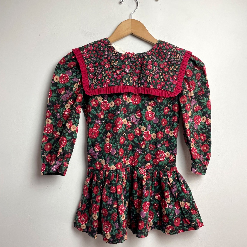 Floral Sailor Collar Girls Dress sz 6 Vintage Cotton Cottagecore Romantic 80s